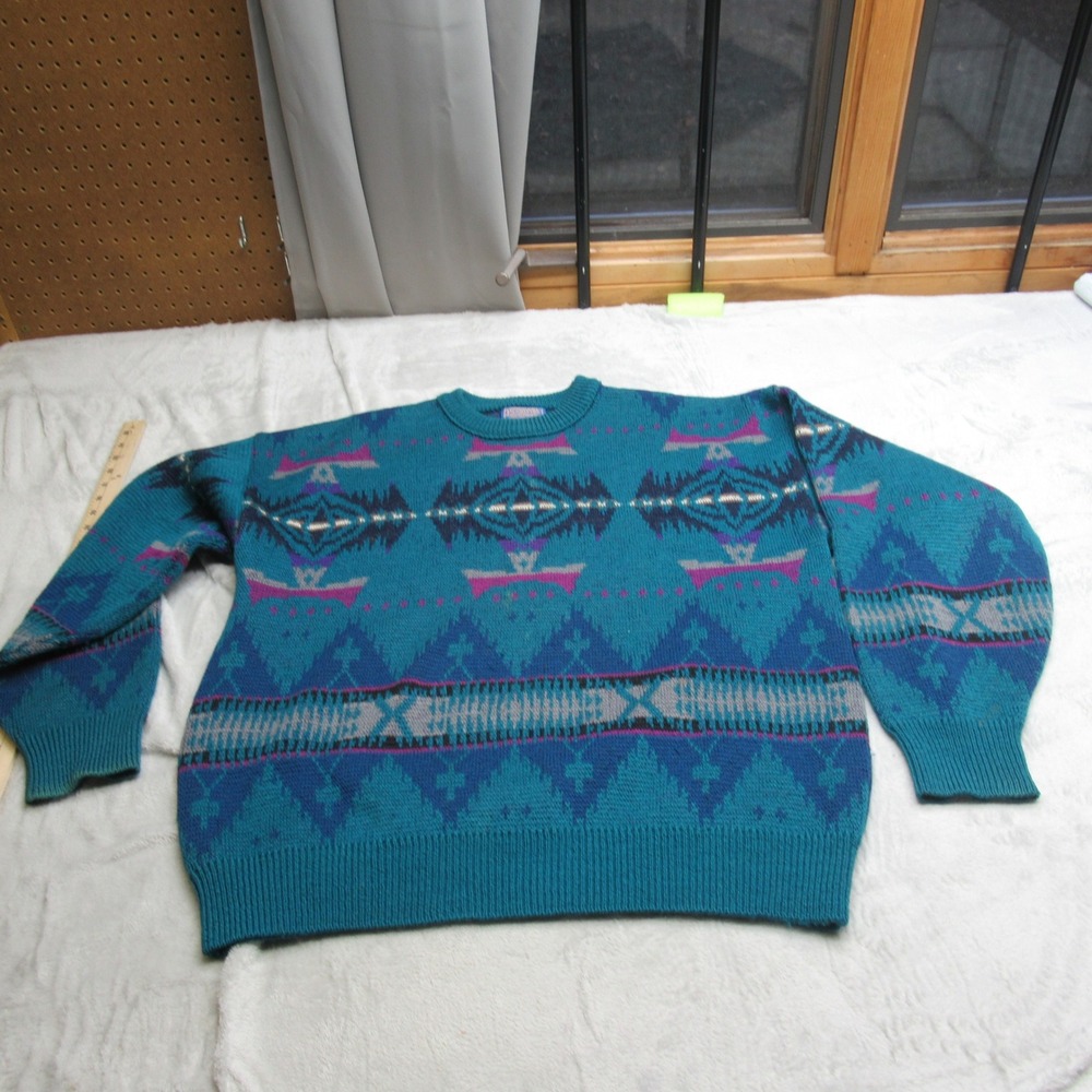 Pendleton Wool Sweater Men XL Blue Aztec Southwestern Tribal USA VTG 80s RARE‎